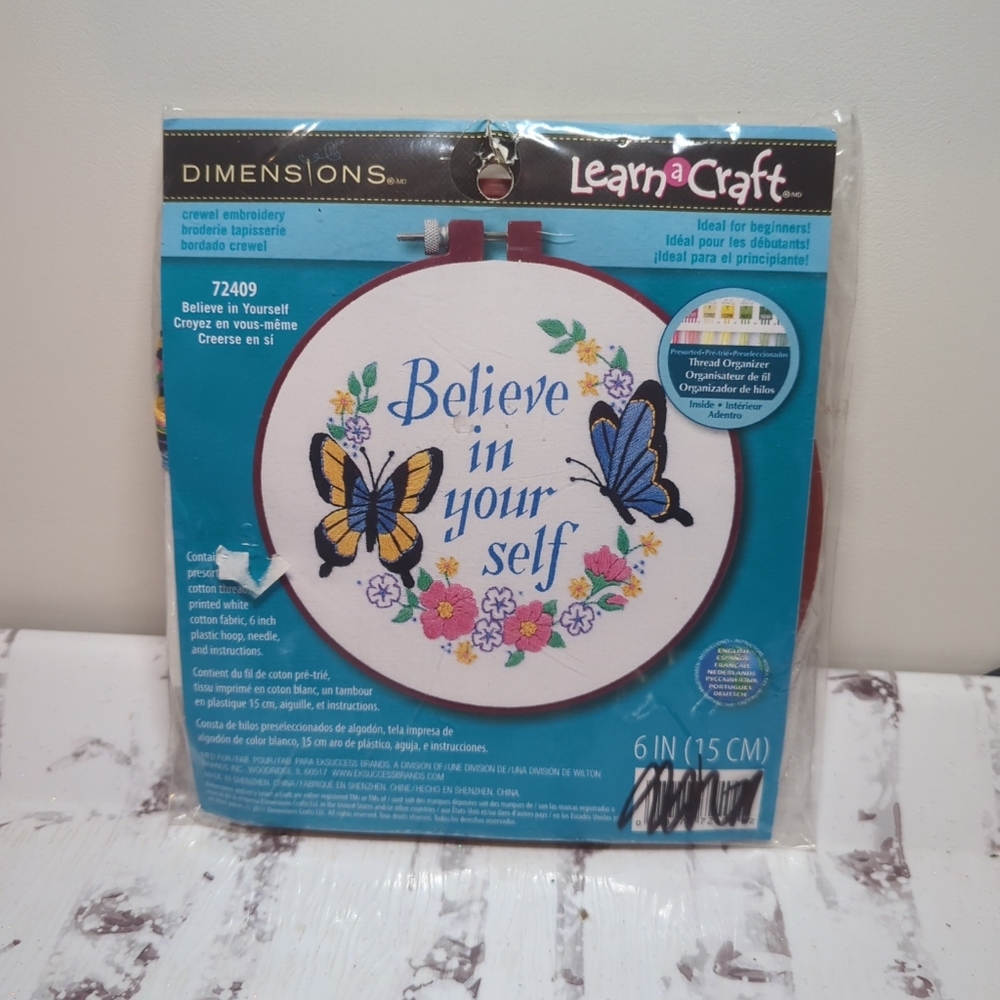 NEW Dimensions Learn-A-Craft Embroidery Kit 6" Round-Believe In Yourself